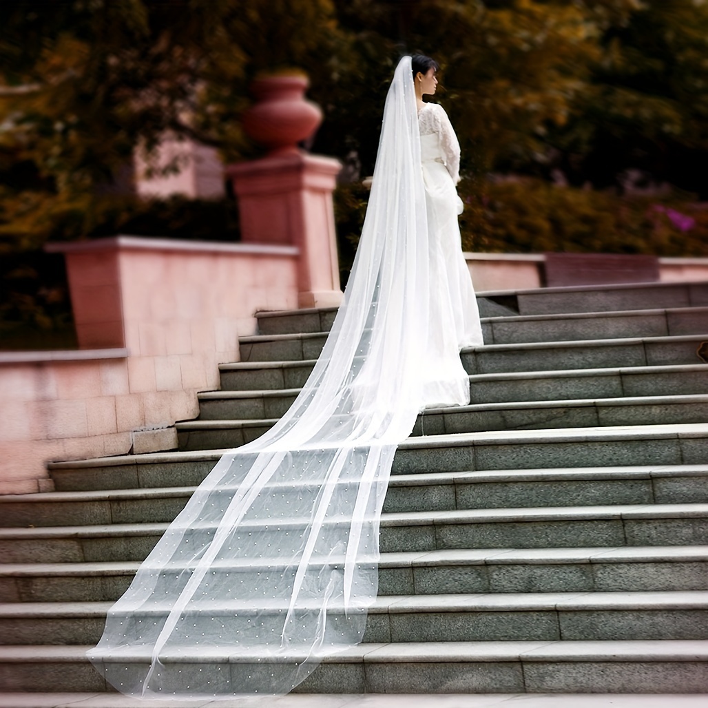 Wedding Bridal Veil With Comb 1 Tier Cut Edge Fingertip&Cathedral Length  Faux Pearl Wedding Veil