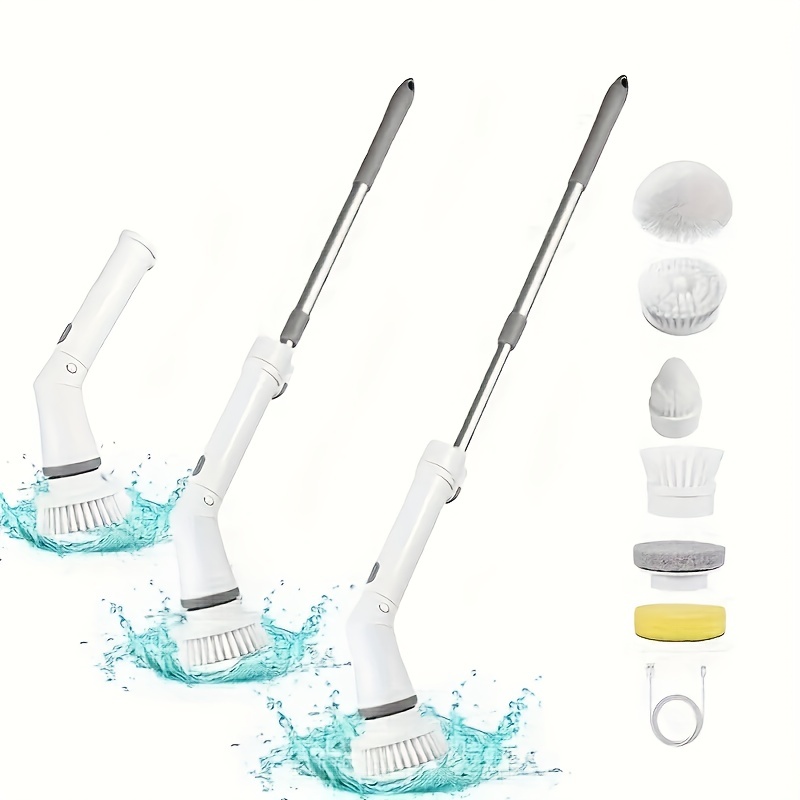 7pcs/set Electric Spin Scrubber , Cordless Spin Scrubber With 6 Replaceable  Brush Heads And Extension Handle, Power Cleaning Brush For Bathroom Floor