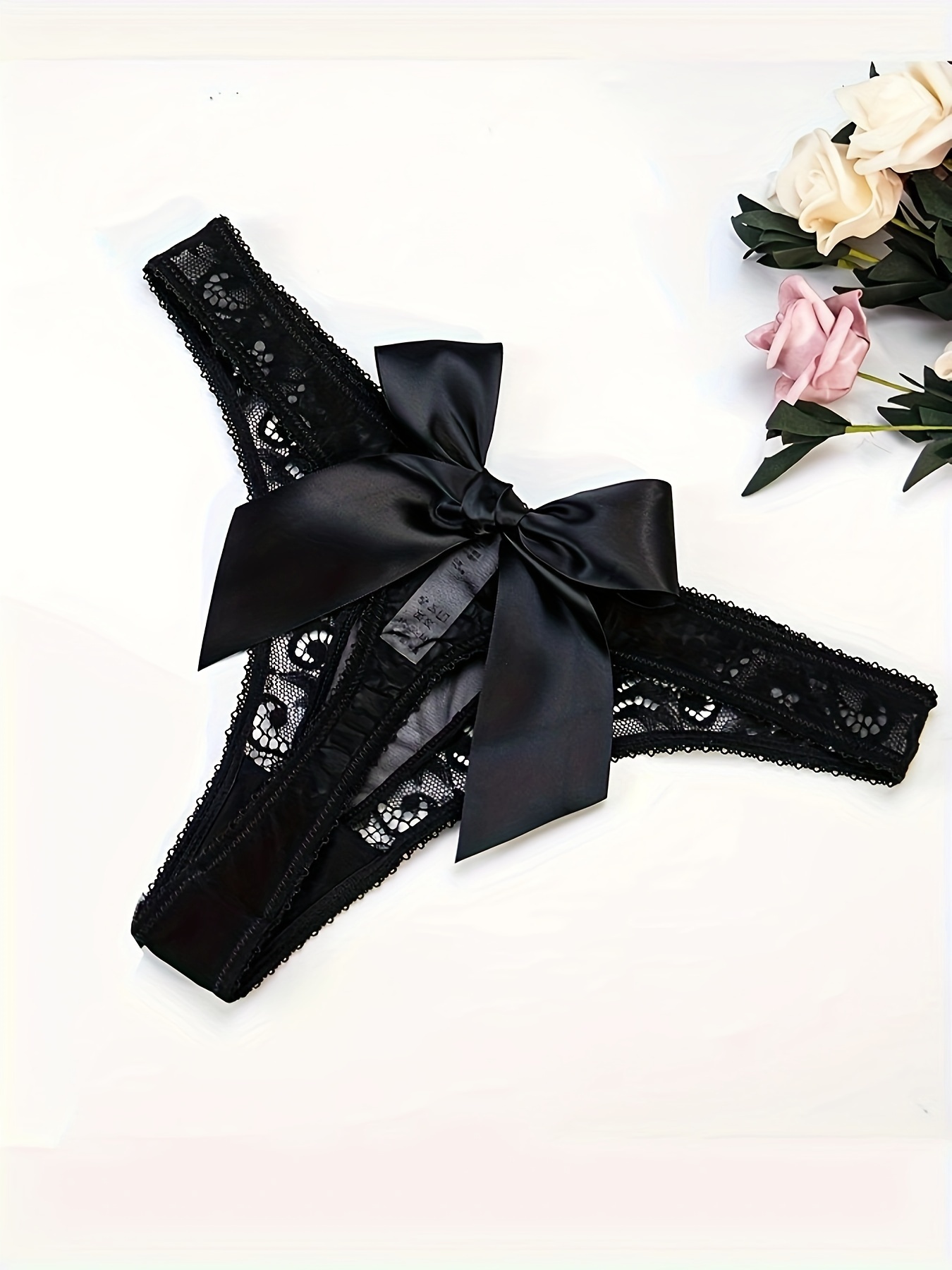 Lace G-String Thongs Bow Transparent Panty - Black