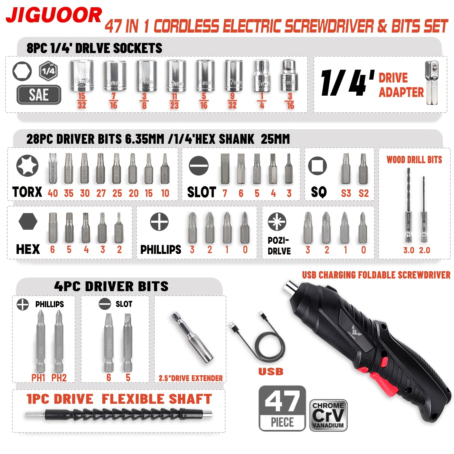 Destornillador Eléctrico Taladro Inalámbrico Kit 47 Pz