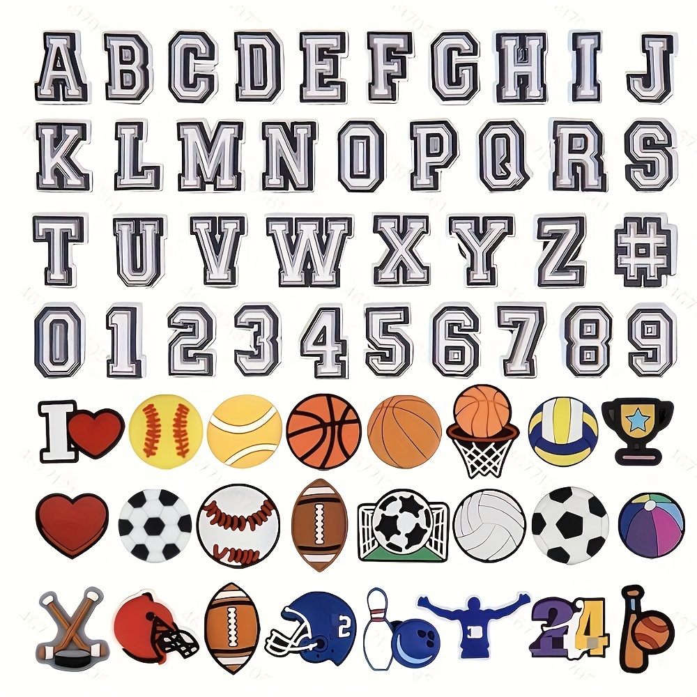 

50pcs Sports Letters Numbers Charms For Croc Charms Shoe Decorations, Basketball Baseball Hockey Softball Soccer Football Gift For Boys Teens And Adults