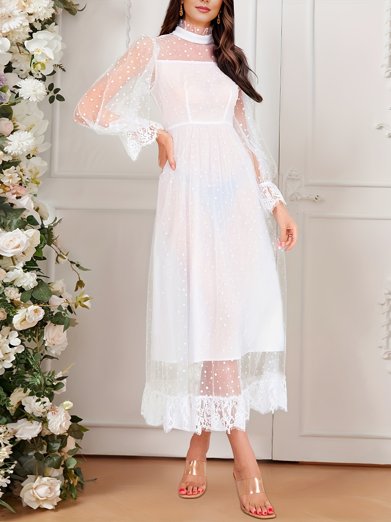 Contrast Guipure Lace Chiffon Dress, Elegant Long Sleeve V-neck Dress,  Women's Clothing