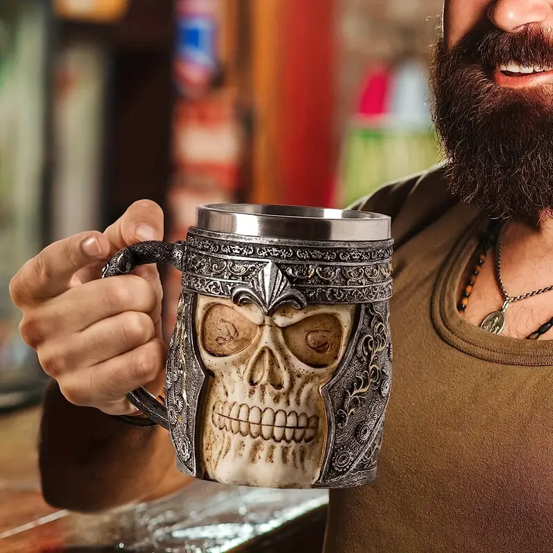 1 Tasse À Café Tête De Mort, Chope À Bière En Acier Inoxydable Tête De Mort  Guerrier Viking, Tasse À Boire En Résine, Cadeau D'anniversaire Pour