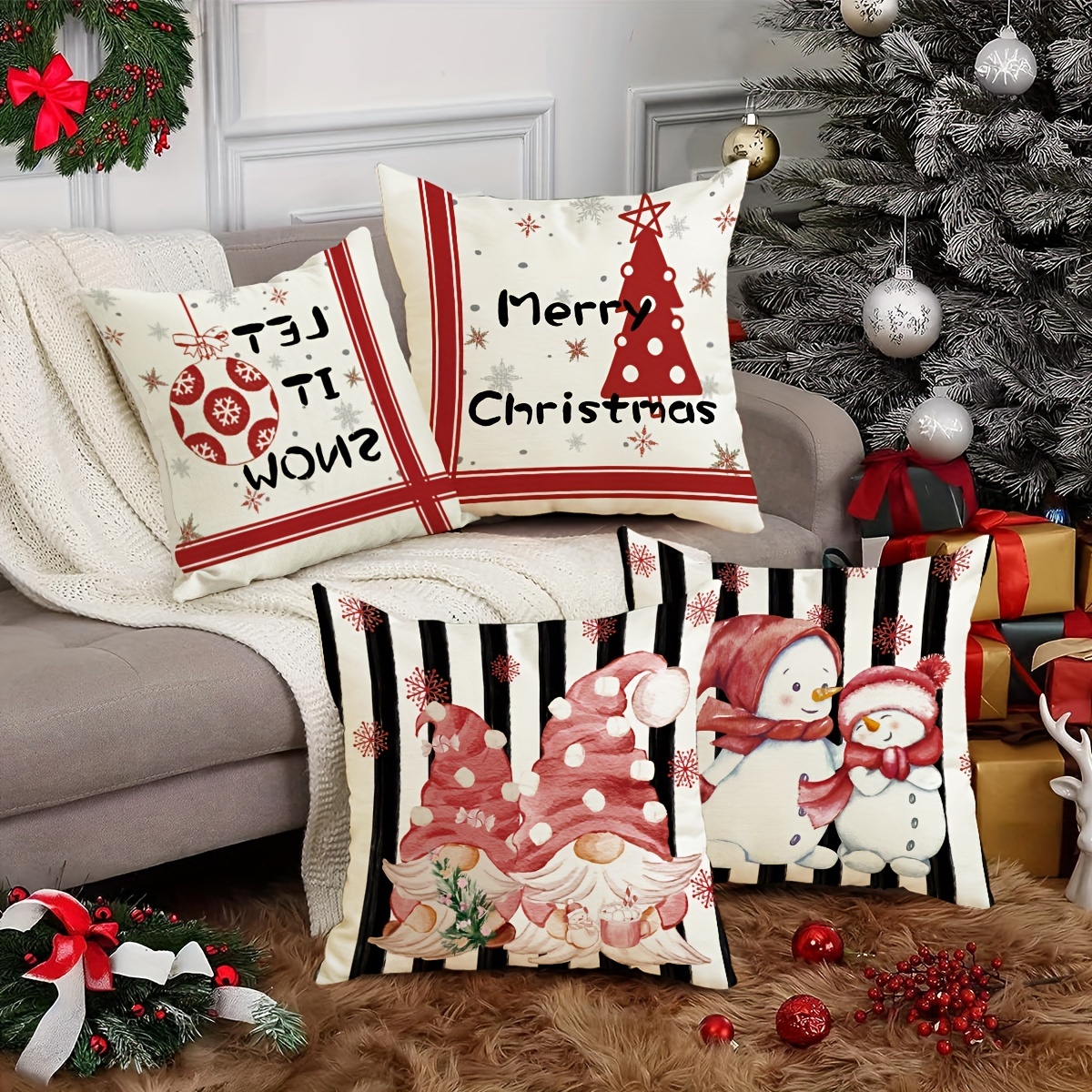 Christmas Tree and Elk Printed Decorative Holiday Series Throw Pillow with Inserts, Red, 18 inch x 18 inch, Set of 4
