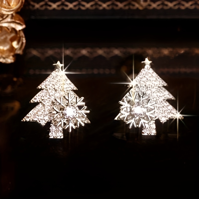 

Elegant & Luxurious Christmas Tree Snowflake Stud Earrings, Full Pave Cubic Zirconia Cute Festive Jewelry Gift For Women And Girls