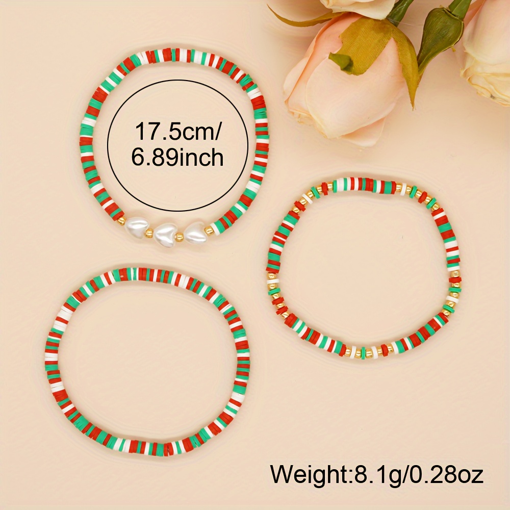 5pcs Red Green White Soft Clay Beads Beaded Bracelet Set Boho Style Hand String Xmas Gift,Temu