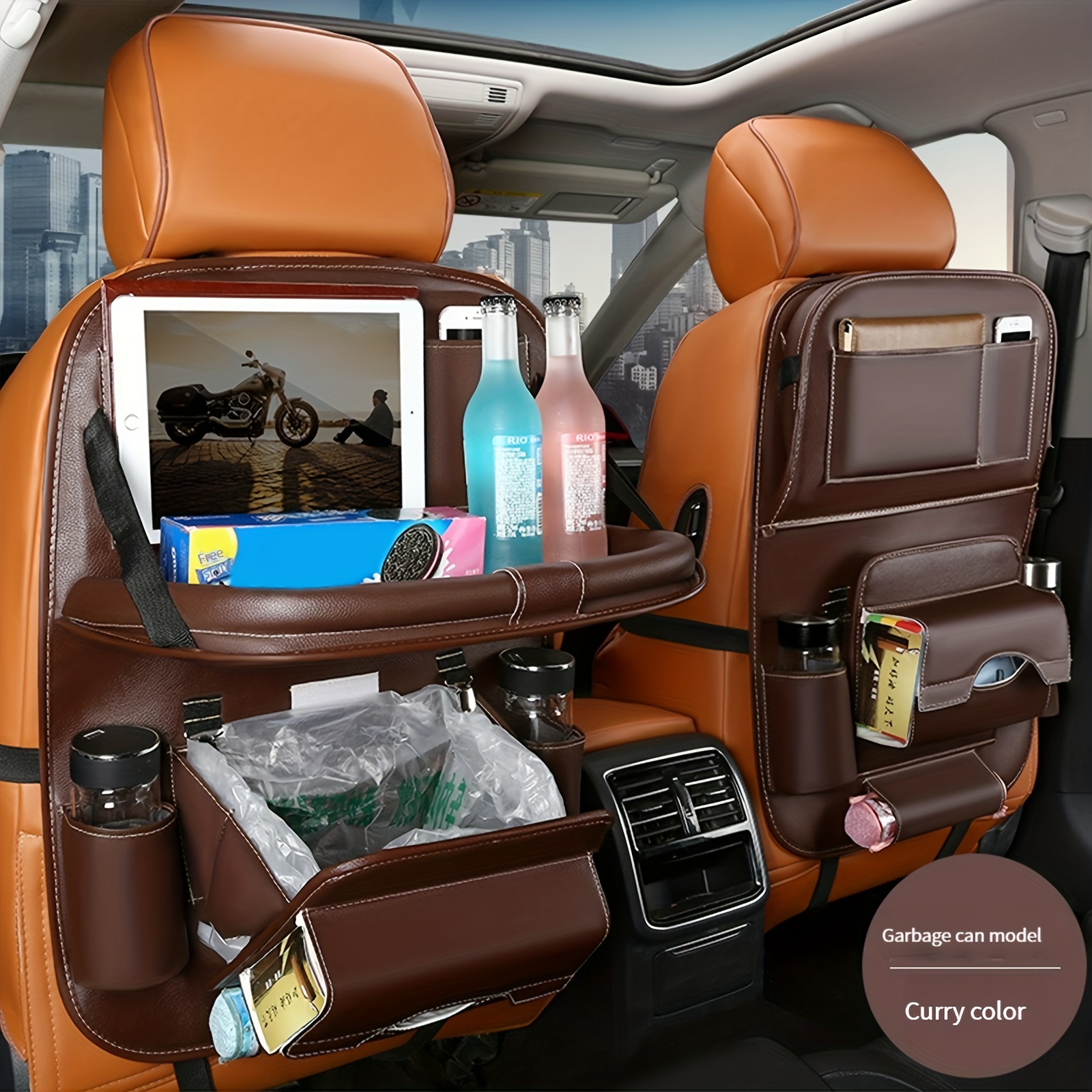 1pc Autositz Rücken Faux Leder Luxus Aufbewahrungstasche Mit Ess-Tablett  Taschentuchbox Müllbeutel Hängende Tasche Rückenlehne Aufbewahrungstasche