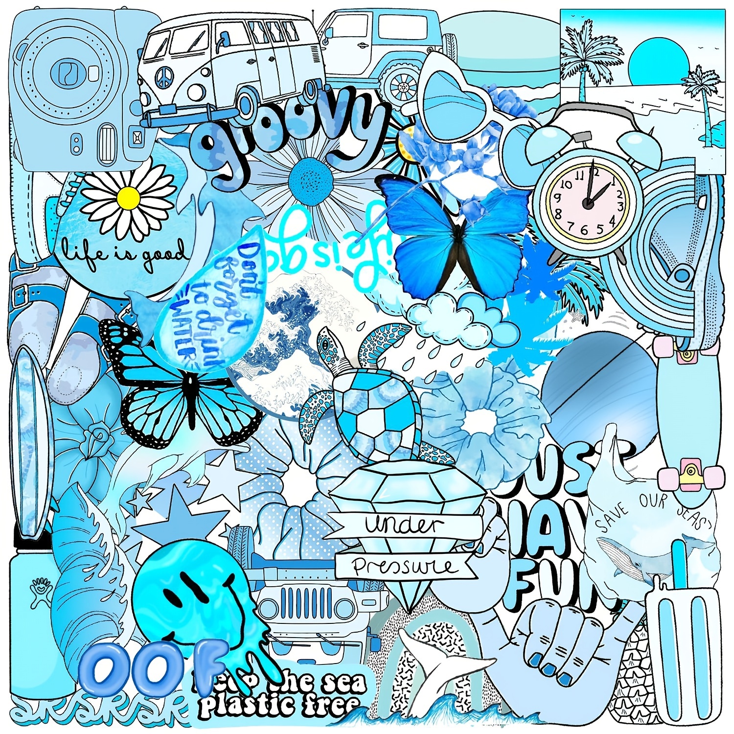 60pcs Blue Series Doodle Cool Aesthetics Cute Funny Cartoon Waterproof  Stickers Pack For Adults