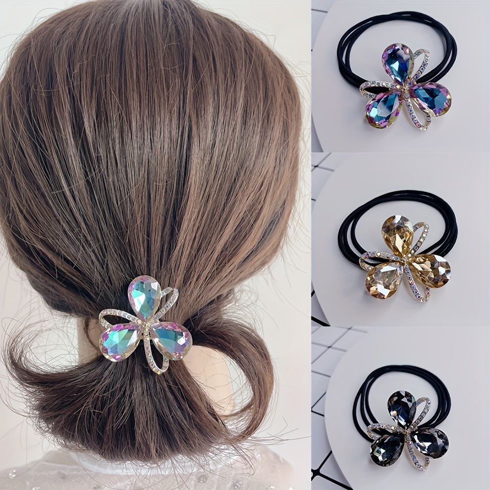 

1pc Elastic Hair Ties Crystal Rhinestone Triangle Flower Decor Hair Ropes Ponytail Holder Hair Bands Accessories For Women