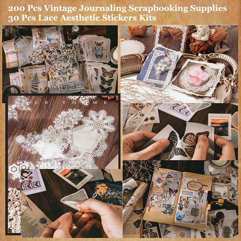 200Pcs Vintage Scrapbook Stickers, Aesthetic Junk Journal Stamping Supplies  Kit, Scrapbooking Ephemera Washi Paper for Bullet Journaling Planners
