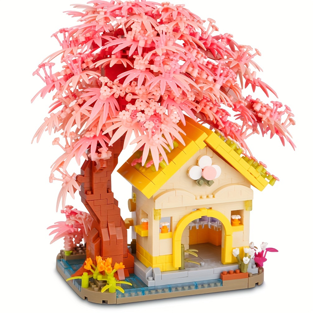 Roxo Sakura Casa da árvore Building Block Cerejeira Blossom Modelo Blocos  de construção Diy brinquedos para crianças brinquedo para presente