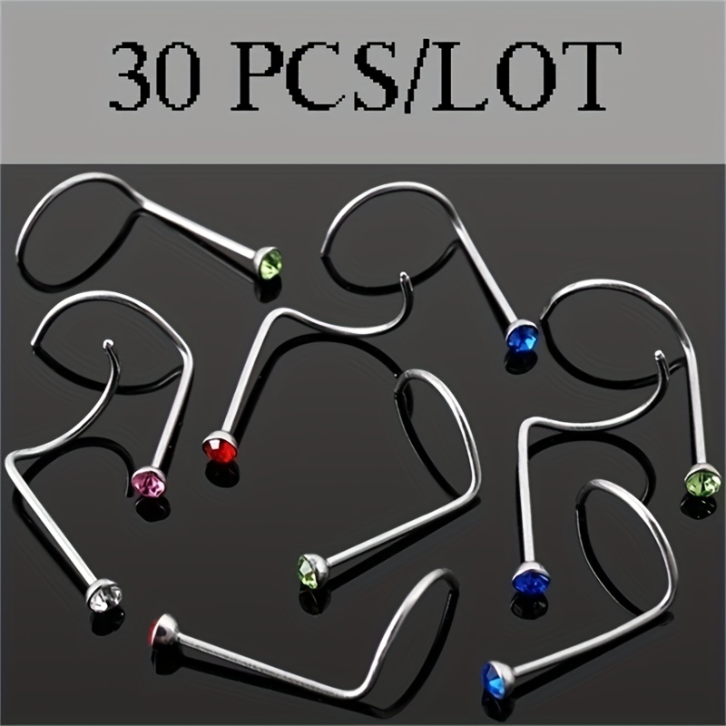 30 Pcs 2mm Rhinestone Nose Screw Ring Piercing Studs, Unisex