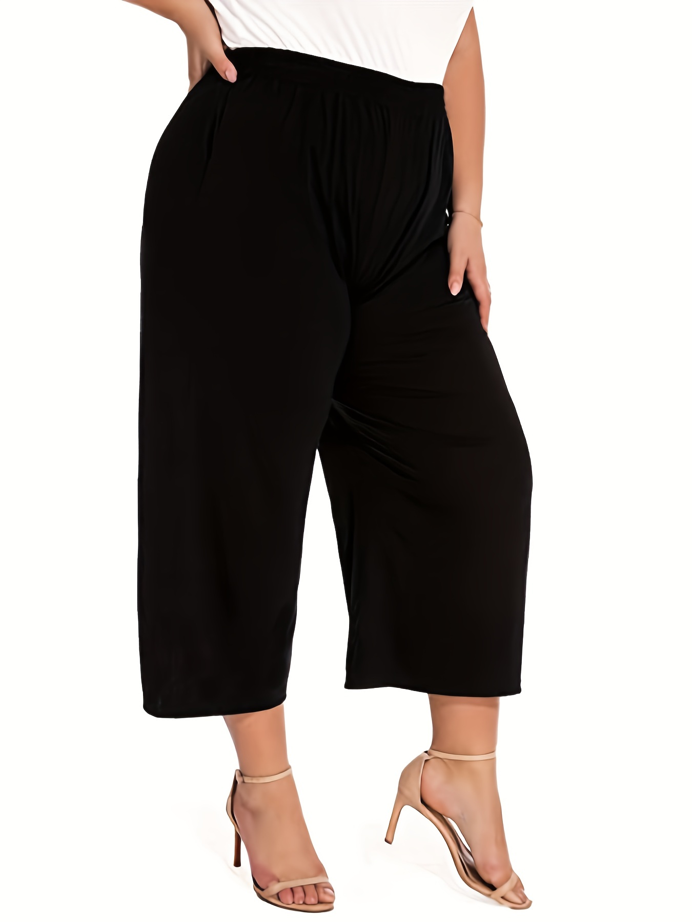 Plus Size Casual Pants, Women's Plus Solid High Rise High Stretch Workwear  Capri Pants