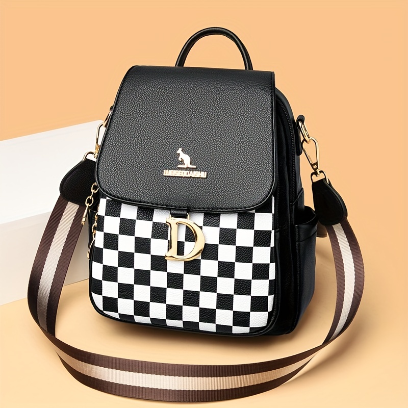 White and Grey Checkered Backpack  White leather backpack, Women