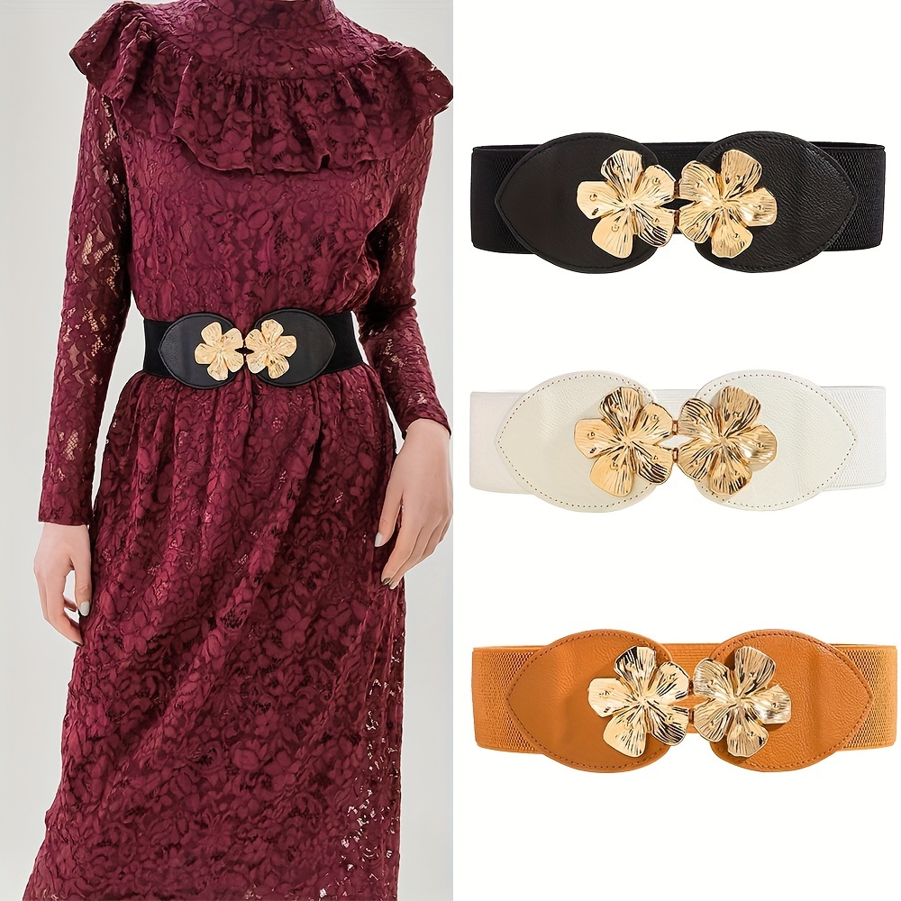 Golden Double Flower Buckle Belts Trendy Wide Belt Solid - Temu