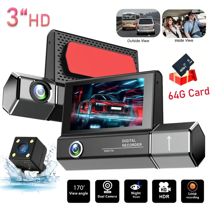 3-Kanal-Dashcam Vorne Und Hinten Innen, 1080P Dash-IR-Nachtsicht,  Loop-Aufnahme, Auto-DVR-Kamera, 7,62 Cm Auto-Dashcam + 64G-Karte