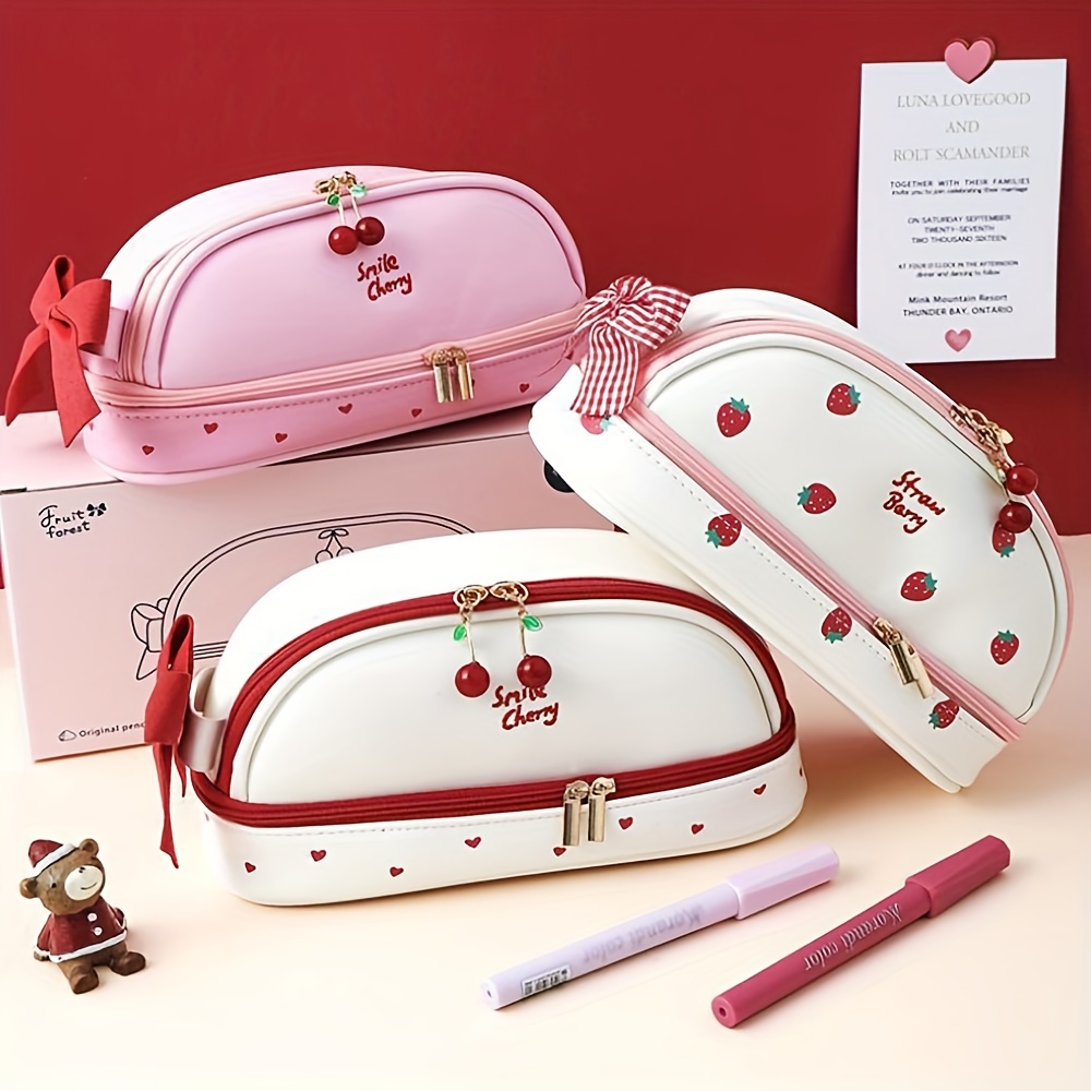 Large Capacity Cherry Pencil Cases Double-layer Portable Strawberry ...