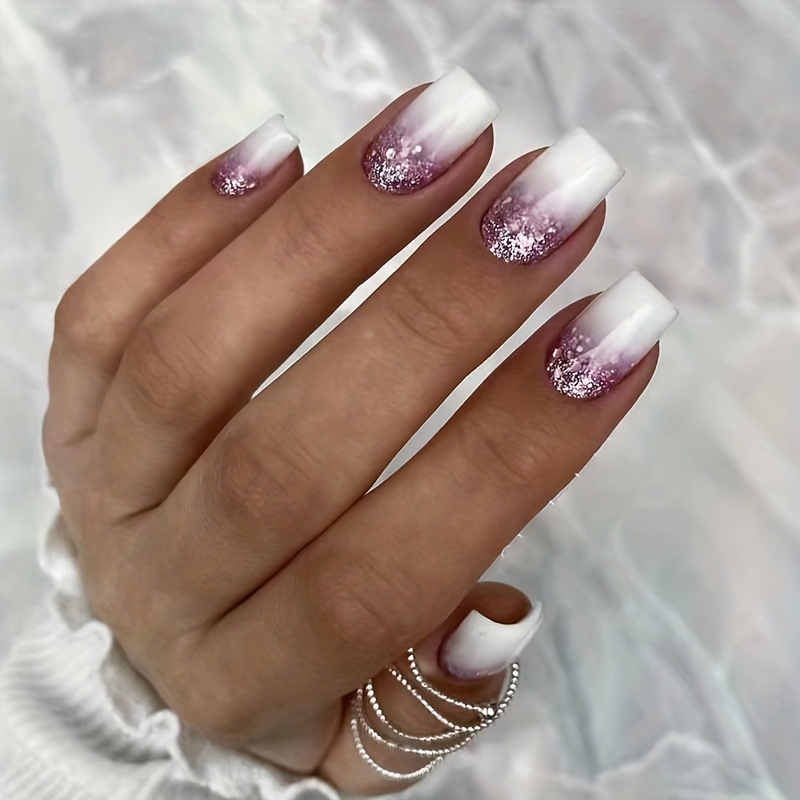 

24pcs Gradient White French Tip Press On Nails Short Square Fake Nails Glossy Full Cover Purple Glitter Sequins False Nails For Women Girls