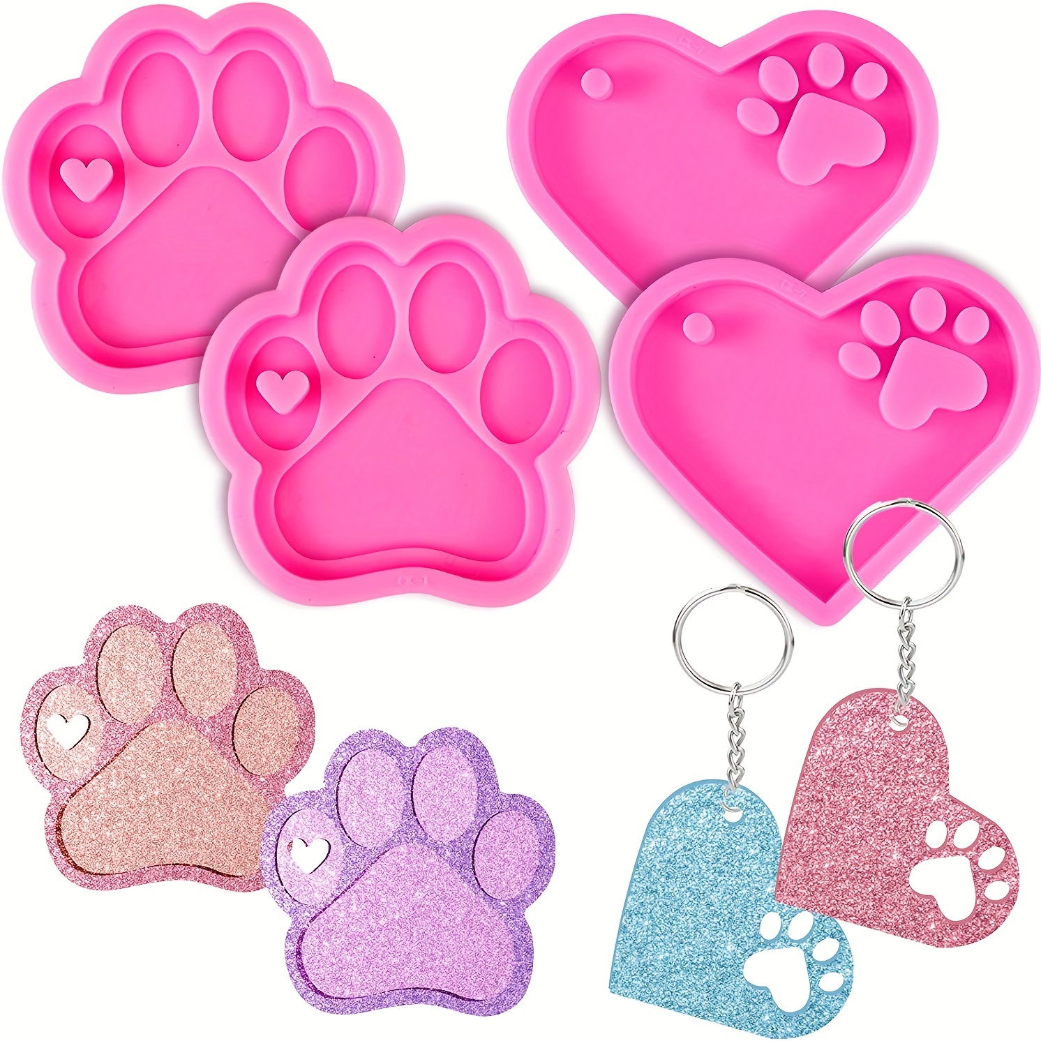 

4pcs Silicone Keychain Resin Molds, Large Dog Paw Print Heart Silicone Molds For Epoxy Resin With 10pcs Keyrings For Diy Dog Tag Christmas Day Valentine's Mother's Day Graduation