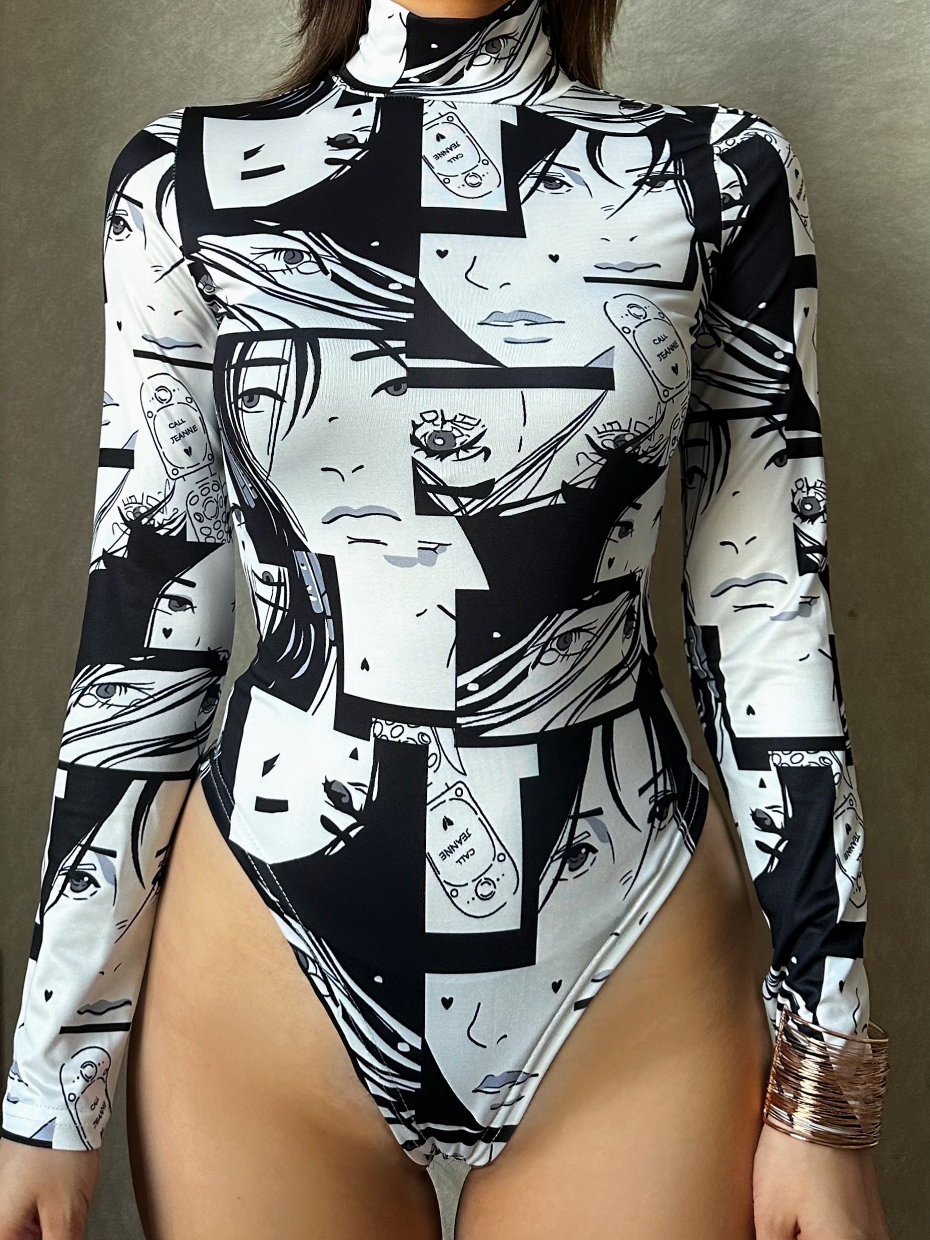 Womens Cartoon Print Open Crotch Bodysuit Anime Cosplay Costume