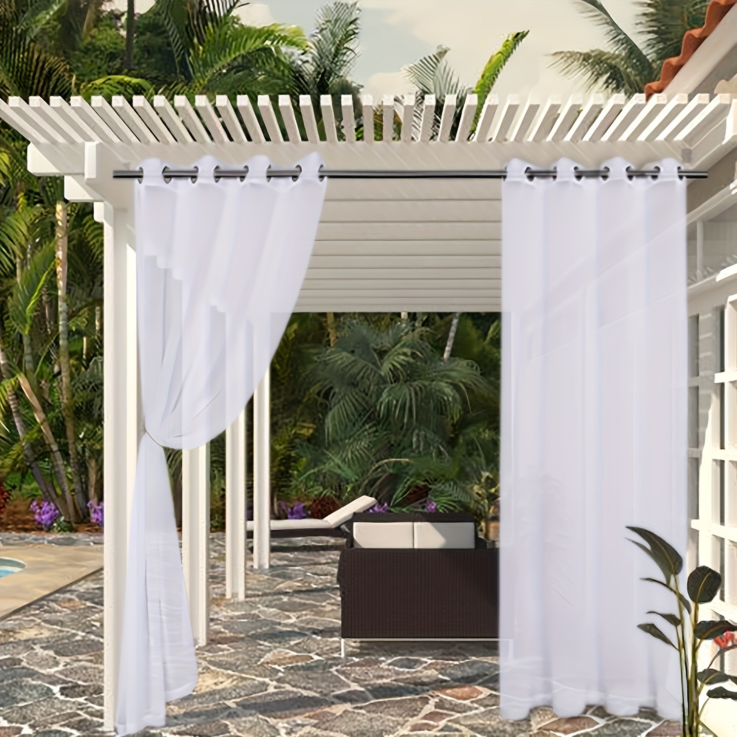Cortinas transparentes de un solo Panel para exteriores, decoración  impermeable para jardín, Patio, porche, cortina de gasa Exterior, tapa de  ojal