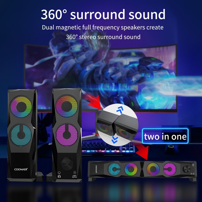 Computer Speakers,ARCHEER PC RGB Gaming Speakers Wired Computer Soundbar  Bluetooth 5.0 USB Powered Desktop Speakers with Stereo Bass LED Light for
