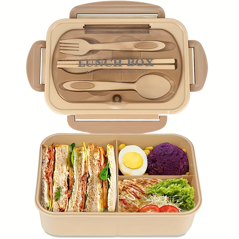 1400 Ml Lunch Box For Children And Adults, Bento Box Lunch Box With 3  Compartments And Cutlery, Snack Box Microwave Heating (khaki)