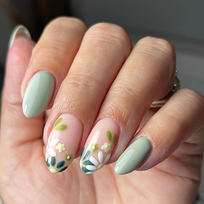 Mint Green French Tip Press Nails Nails Flower Design - Temu