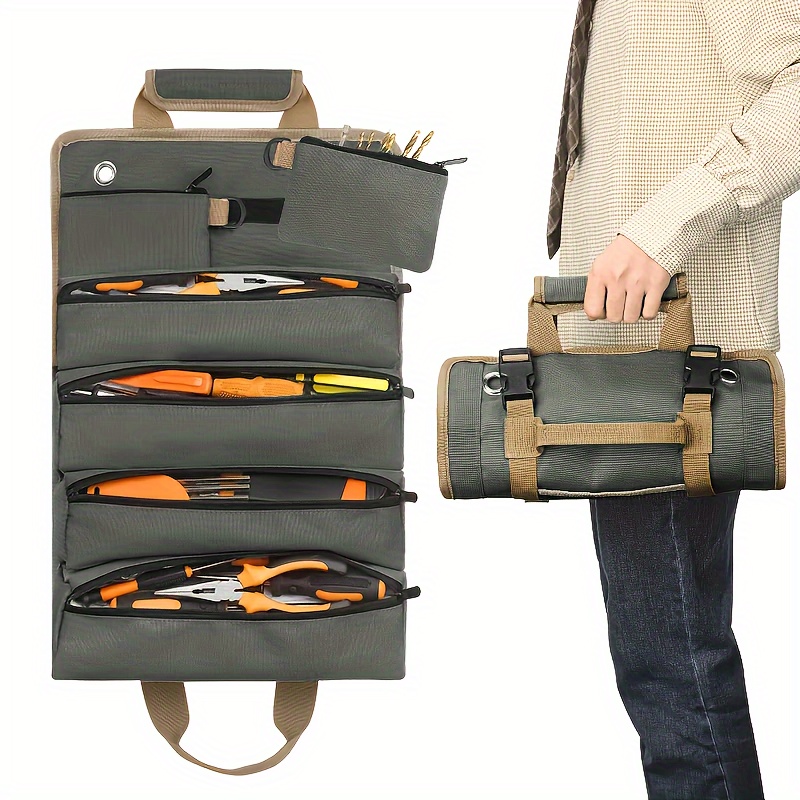 1pc Tool Organizers, Tool Roll Up Bag, Heavy Duty Roll Up Tool Bag Organizer, Portable Roll Up Tool Bag With 2 Detachable Pouch, Gifts For Him Tool Roll Organizer For Mechanic, Electrician & Hobbyist - Click Image to Close