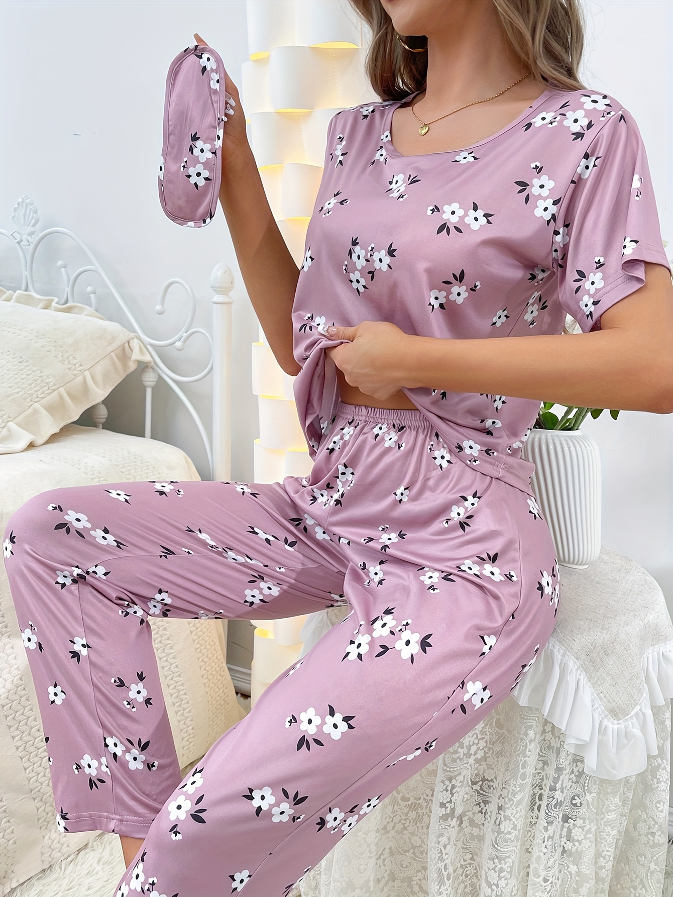 S-XL Mujeres Pijama Conjuntos De Seda Satén Ropa De Dormir Señora Primavera  Floral Hogar