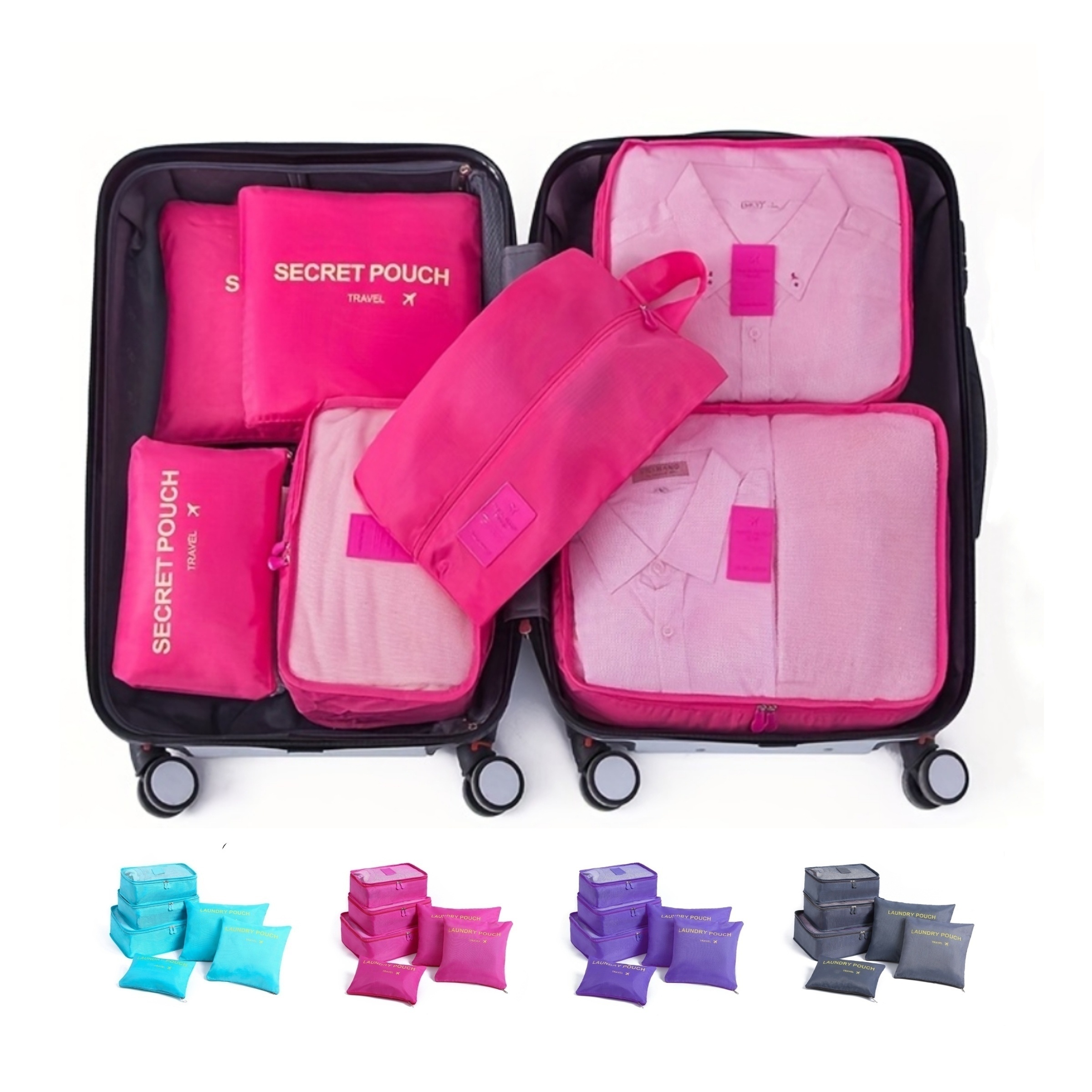 6Pcs Travel Storage Bags Set Clothing Organizer Storage Bag Packages  Luggage Compression Pouches Laundry Organizer Suitcase Pink