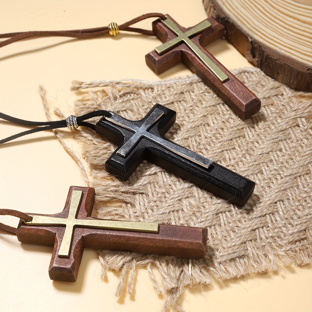 1pc Vintage Handmade Double Layer Alloy Wooden Cross Necklace for Men Women Couples , Bohemian Long Pendant Sweater Chain , Cross Necklace,Temu