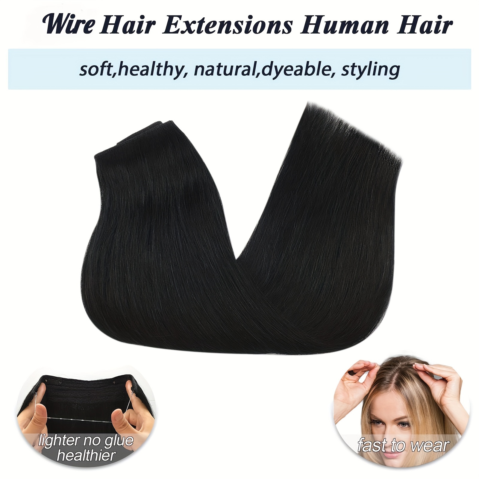 Rich Choices Wire In Hair Extensions Human Hair One Piece Secret Fish  LineHalo Hair Extensions Real Human Hair With 2 Clips Long Straight 16Inch