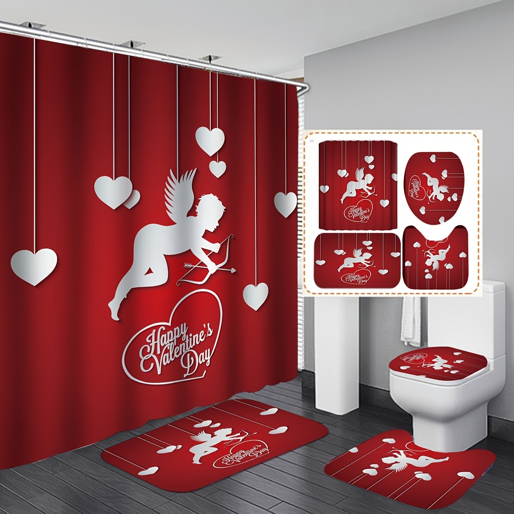 

4pcs Valentines Day Shower Curtain Set, Waterproof Bath Curtain With 12 Hooks, U-shaped Mat, Toilet Cover Mat, L-shaped Mat, Bathroom Accessories, Aesthetic Bathroom Decor