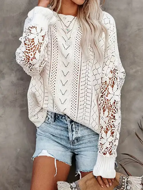 Women's Elegant White Solid Color Pointelle Knit Puff Sleeve Sweater