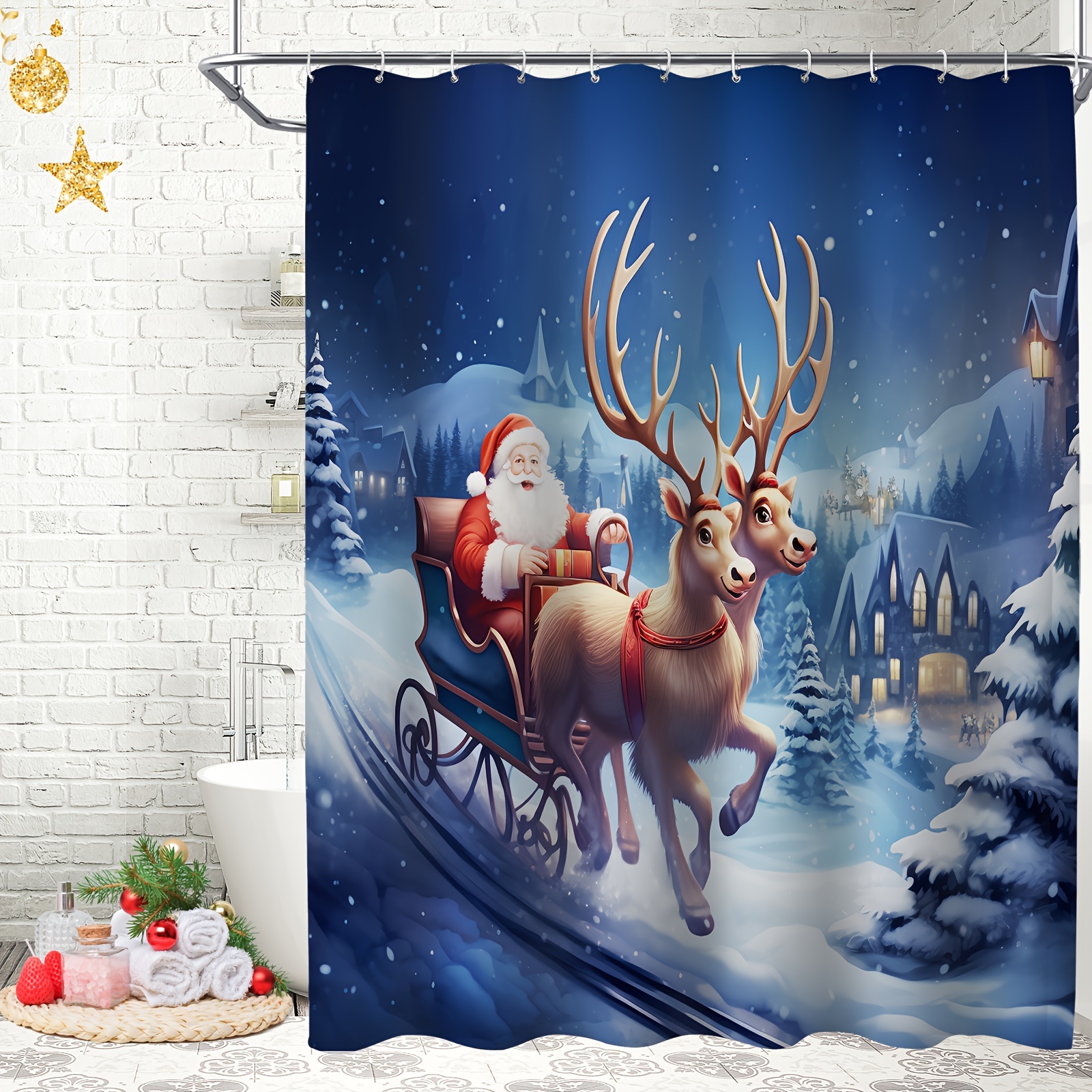 Santa On Sled Pattern Bathroom Set, Waterproof Mildew Resistant Shower  Curtain With 12 Plastic Hooks, Non-slip Bathroom Floor Mat, Toilet U-shaped  Mat, Toilet Lid Mat, Bathroom Christmas Decorations, Bathroom Accessories -  Temu