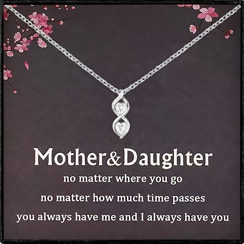 1PC Mother & Daughter Interlocking Infinite Double Heart Pendant Necklace, Shiny Cubic Zirconia Decor Sopper Necklace - With Text Gift Card And Gift Box Packaging