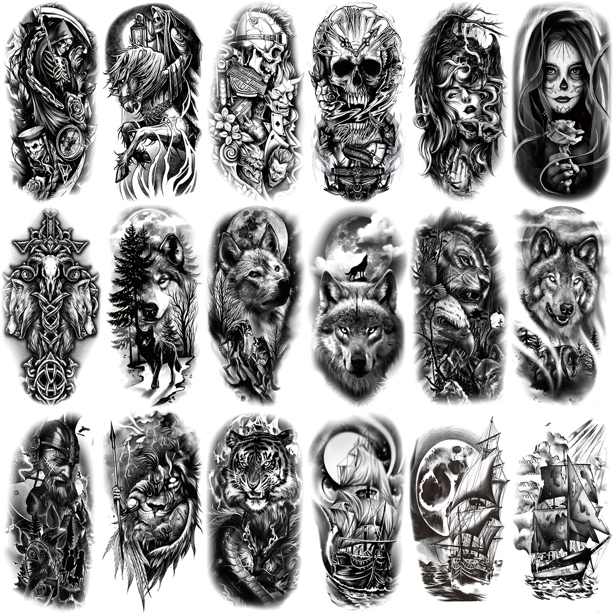 Half Arm Temporary Tattoo Stickers, Skull Wolf Tiger Bridal Sailboat ...