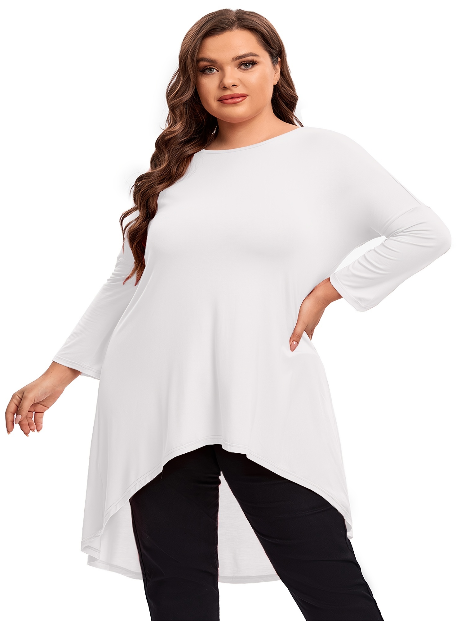 Plus Size Solid Round Neck Irregular Hem Long Sleeve Peplum T-shirt,  Women's Plus High Stretch Casual Everyday Tops