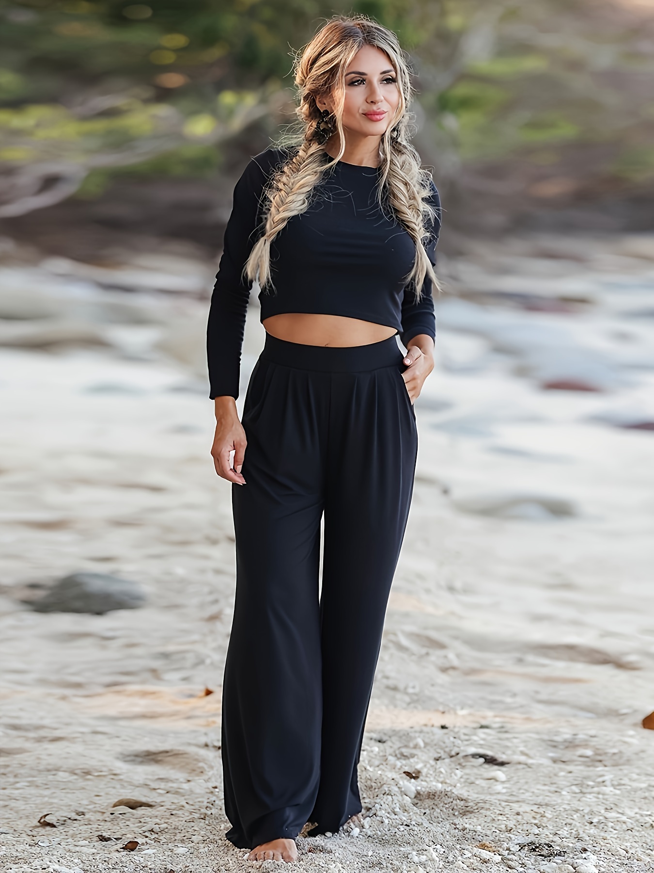 Casual Solid Two piece Set Tie Front Long Sleeve - Temu