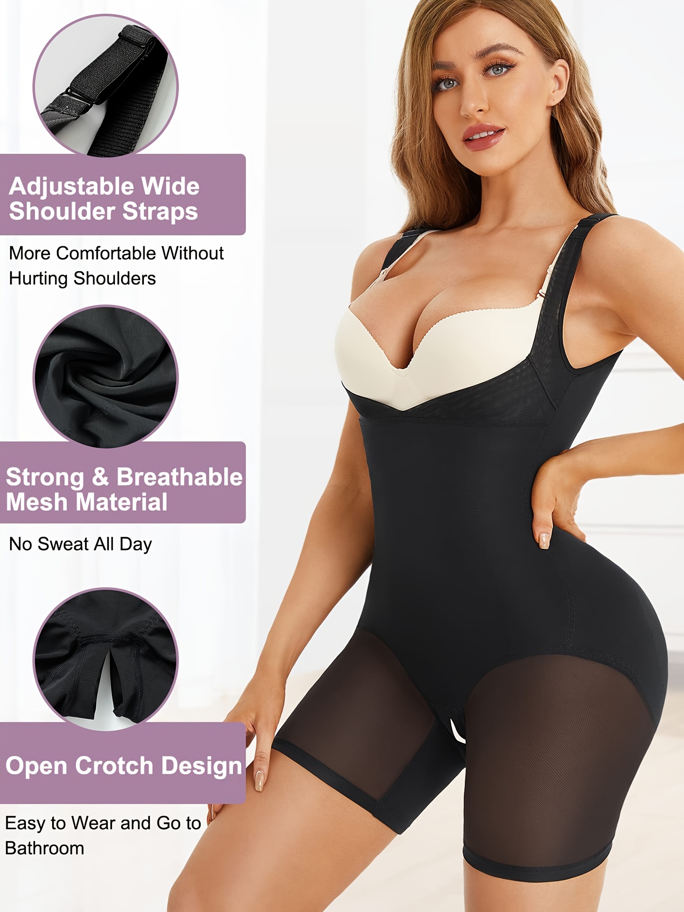 Women's Body Shaping Bodysuit With Open Crotch And Butt Lifting Straps
