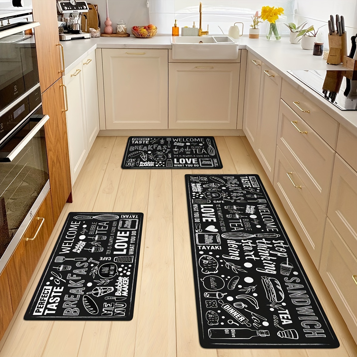 2 Pcs Kitchen Rug Set,Kitchen Mats,Background of Marble in Black and White,  Soft Washable Non-Slip Super Absorbent Floor Mat for Kitchen Bathroom