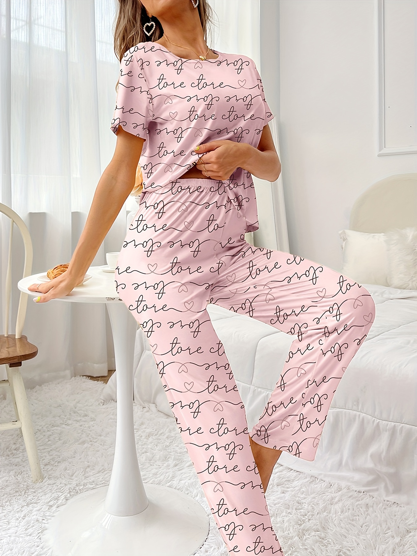 Cute Letters Love Print Pajamas Set Casual Short Sleeve Top - Temu United  Kingdom