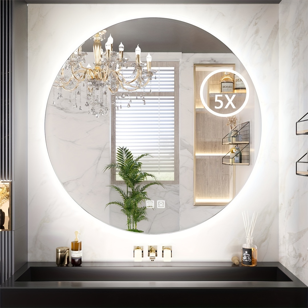Espejo de baño con forma de luna redonda, luz LED ajustable de 3