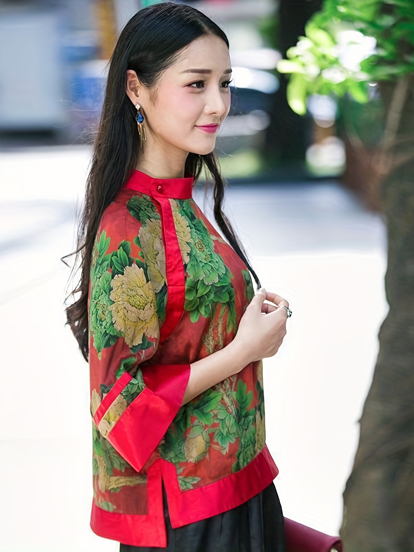 Floral Print Tang Suit, Vintage Mock Neck 3/4 Sleeve Tang Suit