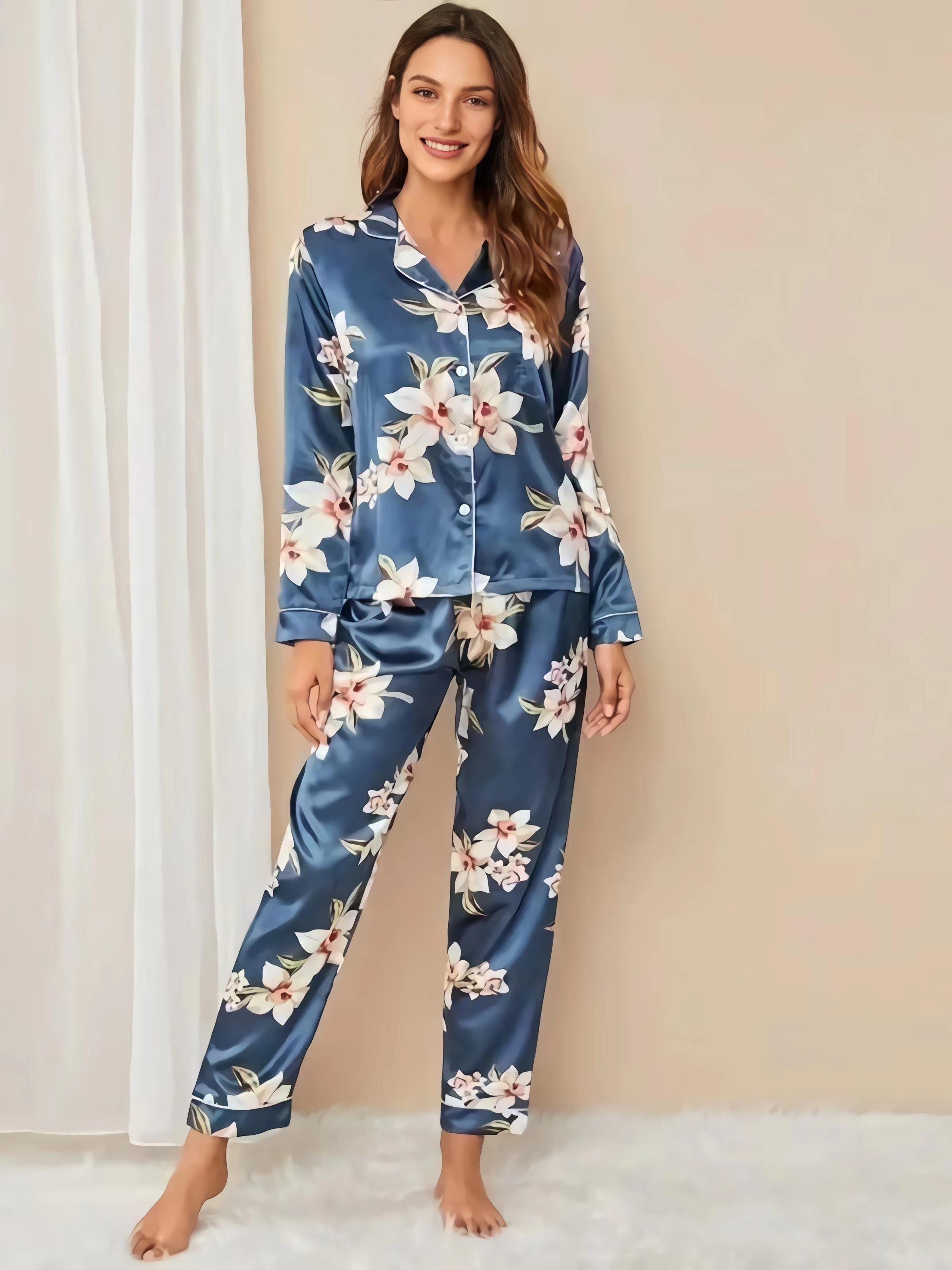 Comfort Orchid Print Satin Lapel Pajama Set Elegant Long - Temu