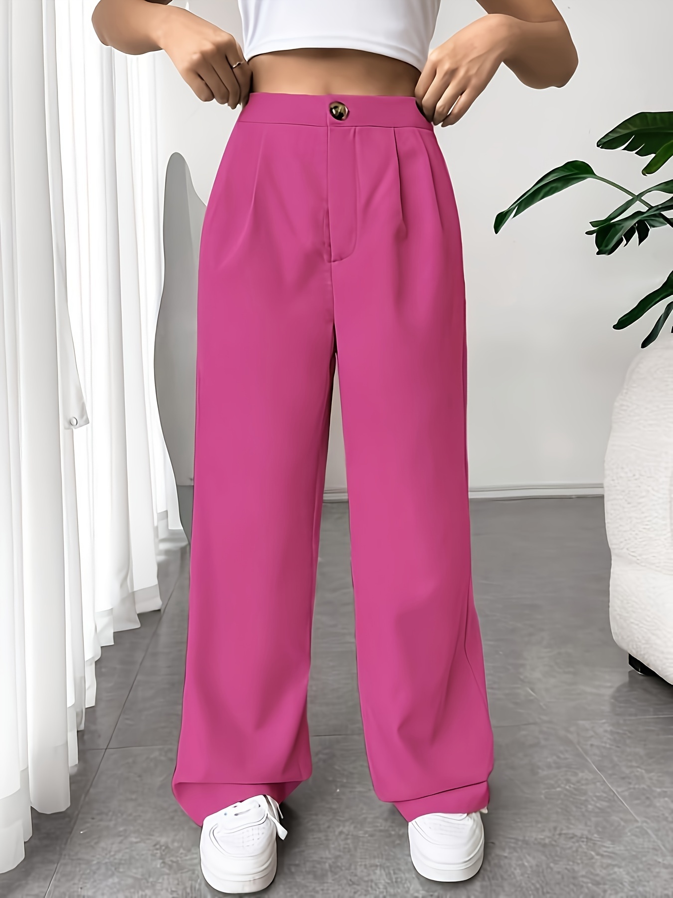 Solid Color Straight Leg Pintuck Pants Casual Elastic Waist - Temu