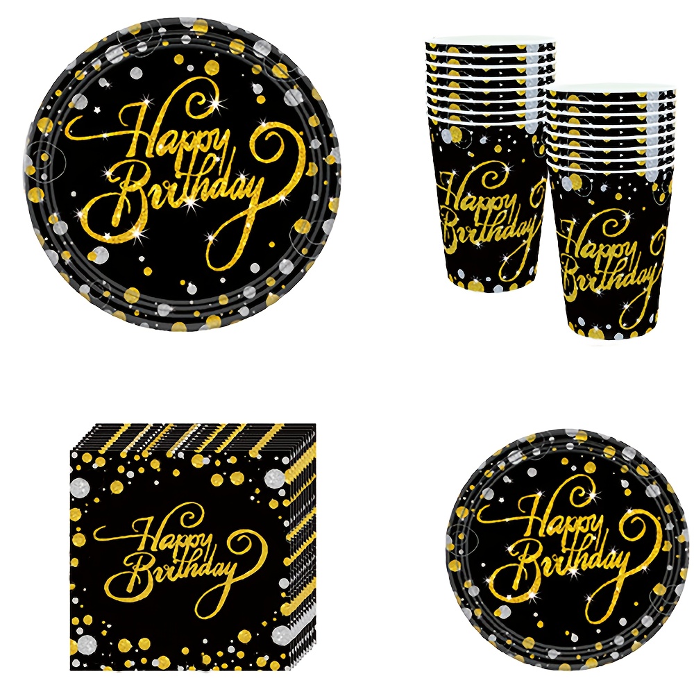 

68pcs, Black Golden Happy Birthday Party Paper Plates, Cups, Napkins Tableware Set, Birthday Party Gift For Men, Women, Home Room Decor, Birthday Party Decorations Supplies