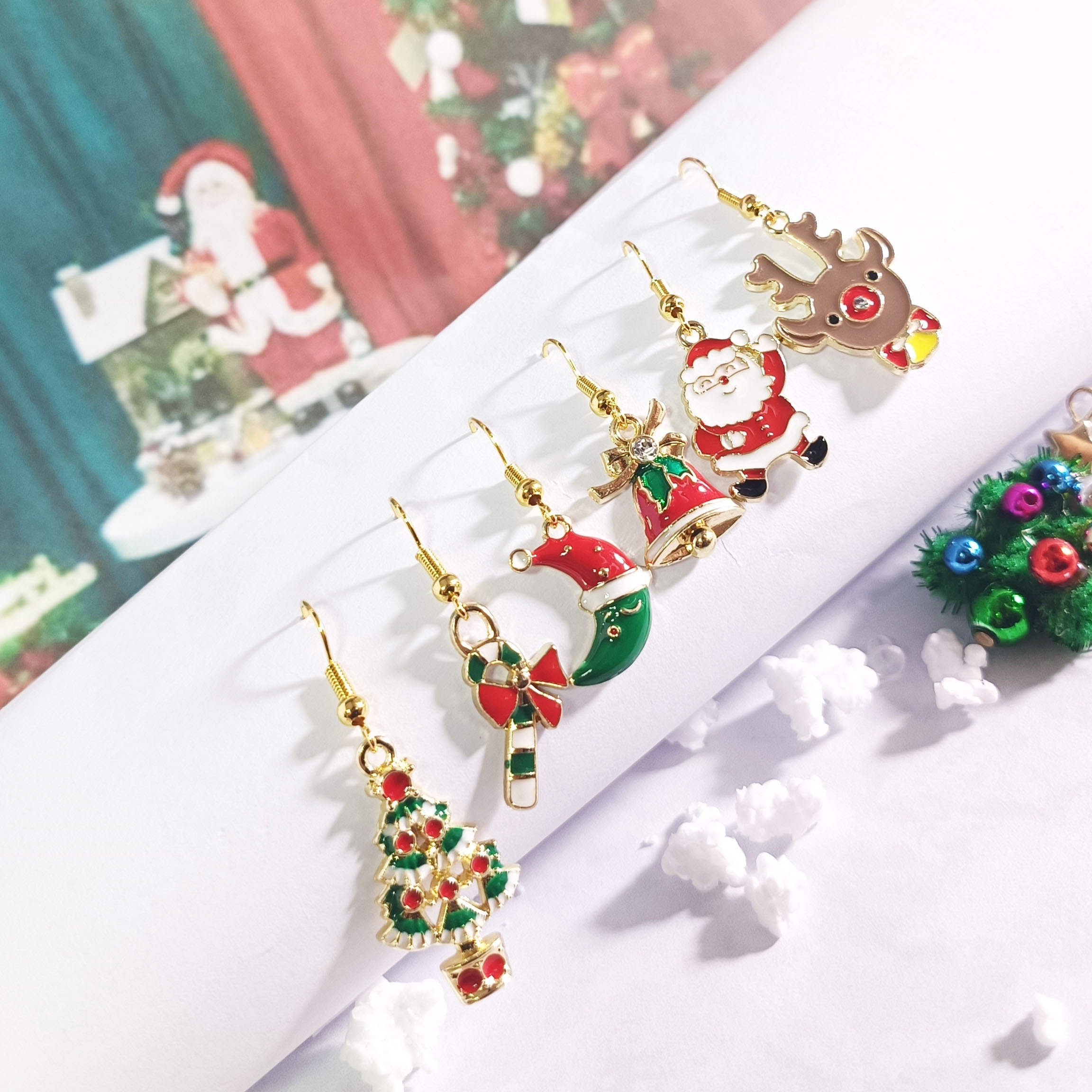6pcs Cute Christmas Earrings Set, Colorful Santa Claus Hat Beanie Christmas Tree Cane Bell Reindeer Hook Earrings, Xmas Holiday Gift,Temu