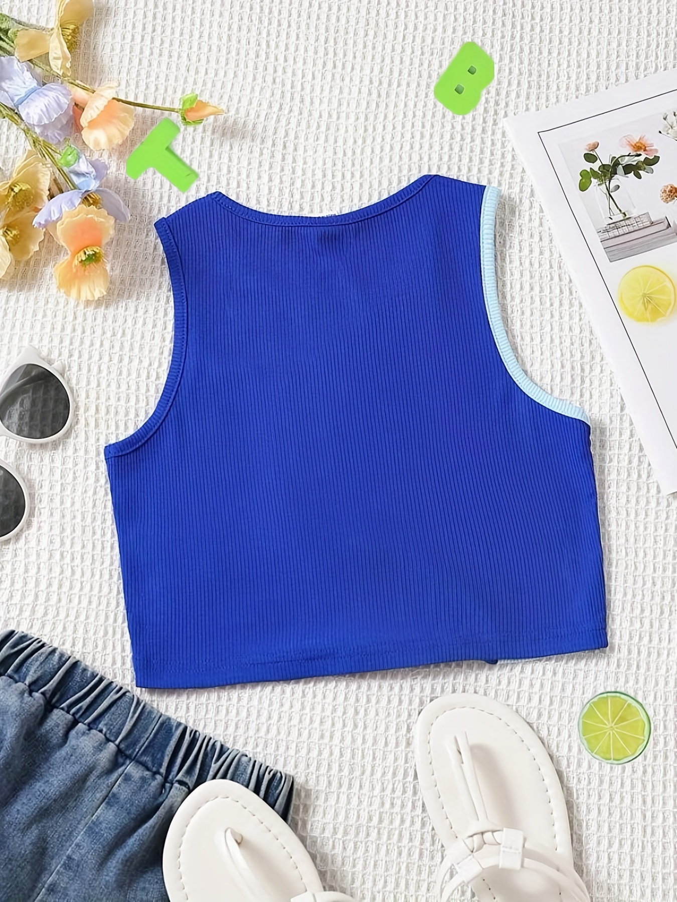 2pcs Girls Stylish Colorblock Print Sports Tank Top Set, Sports Casual Crop  Top For Summer